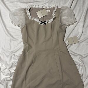 Bohme Beige Dress with White Puff Sleeves